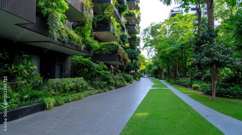 Fototapeta premium Green building, urban park pathway, lush foliage, modern architecture, sustainable living