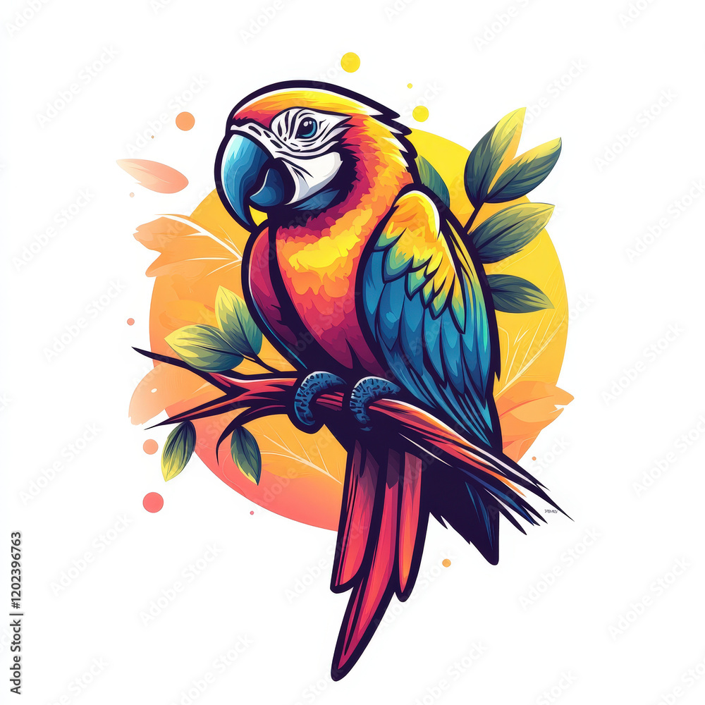 Obraz premium Vibrant Parrot on Branch with Sun