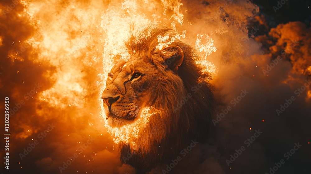 Naklejka premium Lion surrounded by flames in an intense and dramatic display of nature's power