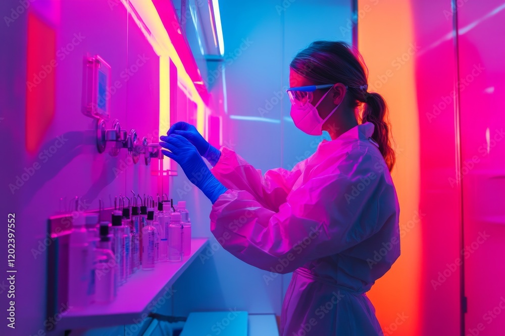 A scientist is working in a modern lab full of colorful lights. She is focused on her task wearing gloves and a mask. Innovation and technology merge in this vibrant setting. Generative AI A scientist is working in a modern lab full of colorful lights. She is focused on her task wearing gloves and a mask. Innovation and technology merge in this vibrant setting. Generative AI