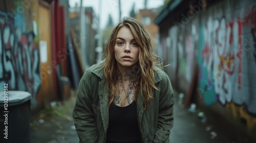 Wallpaper Mural This striking portrait captures a woman in a moody urban setting, exuding a sense of calmness amid the chaos represented by the alleyway background. Torontodigital.ca