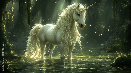 Majestic White Unicorn Stands in a Mystical Forest Pool