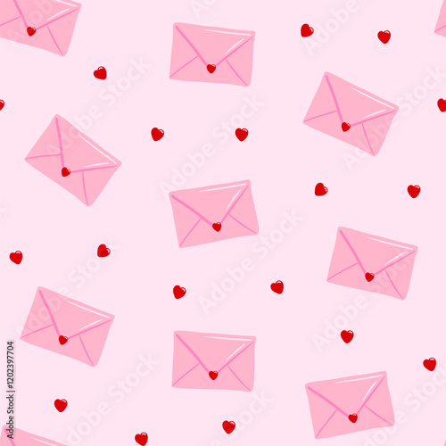 Seamless pattern of love letters with hearts on a pink background. Cartoon envelopes and small hearts print for wrapping paper, fabric, textile, wallpaper. Vector texture