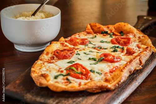 margherita pizza flatbread topped with mozzarella, blistered tomatoes, and fresh basil