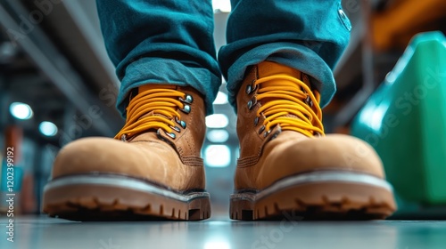 A striking close-up of worker boots on a hard floor surface, representing dedication and perseverance in demanding work environments across various industries. photo