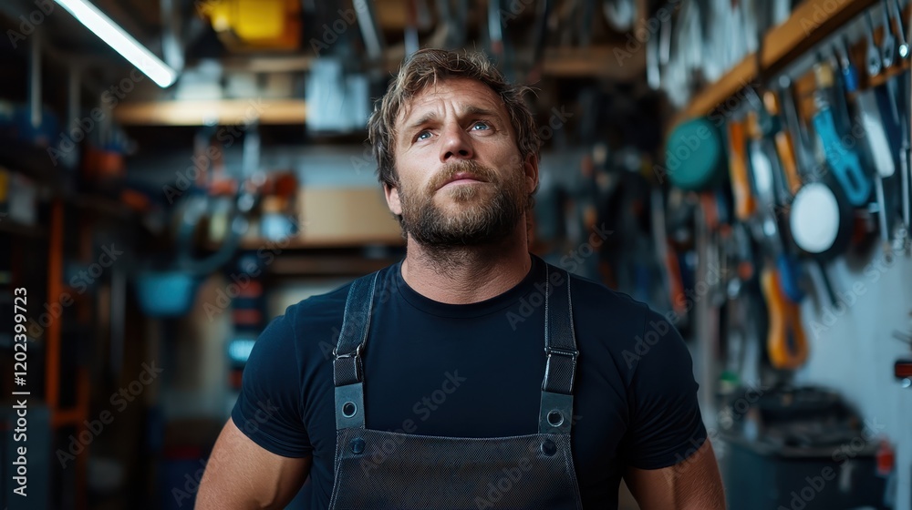 A determined craftsman with tousled hair gazes up thoughtfully in a tool-filled workshop, capturing the spirit of craftsmanship and inspiration in a hands-on creative environment. A determined craftsman with tousled hair gazes up thoughtfully in a tool-filled workshop, capturing the spirit of craftsmanship and inspiration in a hands-on creative environment.