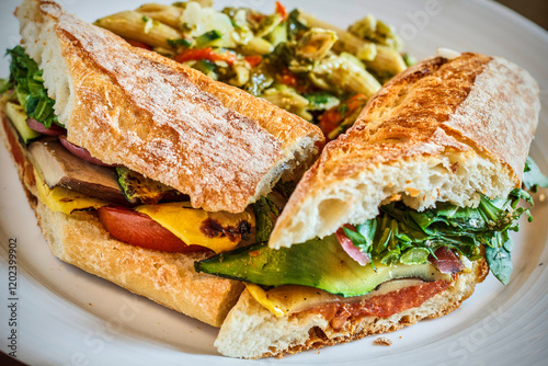 roasted vegetable sandwich on a toasted baguette