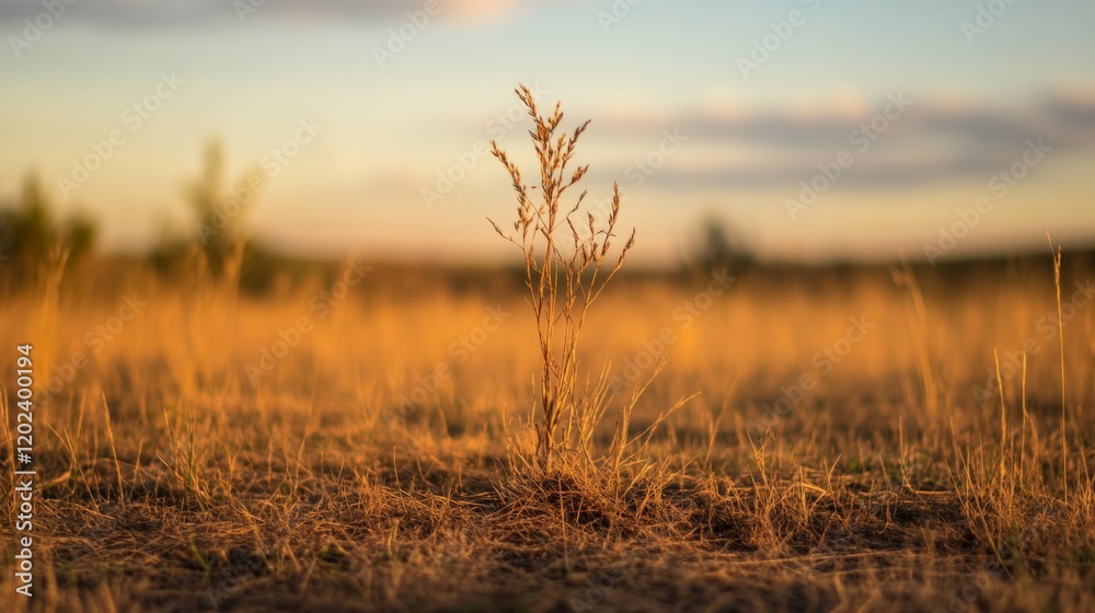 Fototapeta premium Single plant in dry field at sunset.