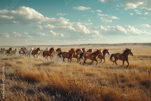 A herd of wild horses runs across a golden grassy field, under a blue sky with puffy white clouds, A herd of wild horses galloping freely across the open plains