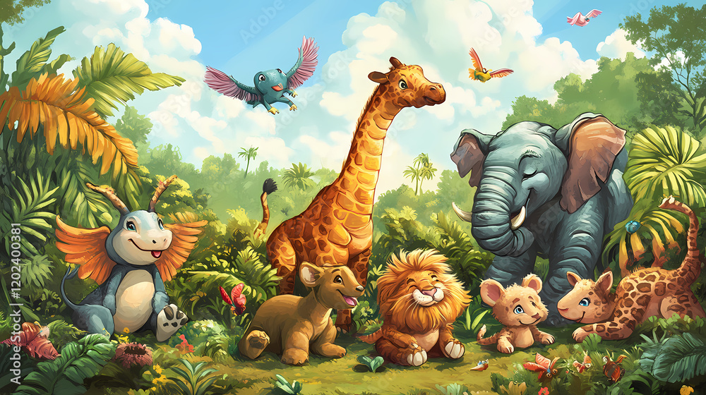 Obraz premium A playful gathering of friendly animals in a lush, hand-drawn jungle setting under a bright sky. Playful Jungle Creatures. Illustration