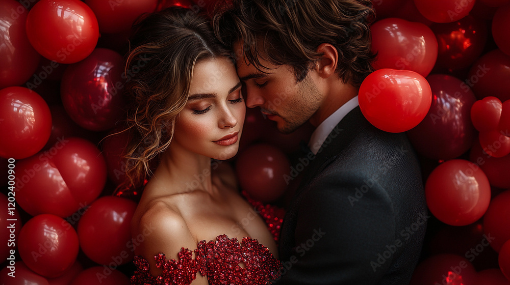 Romantic couple embracing with a red heart balloon background, prom, valentine day Romantic couple embracing with a red heart balloon background, prom, valentine day