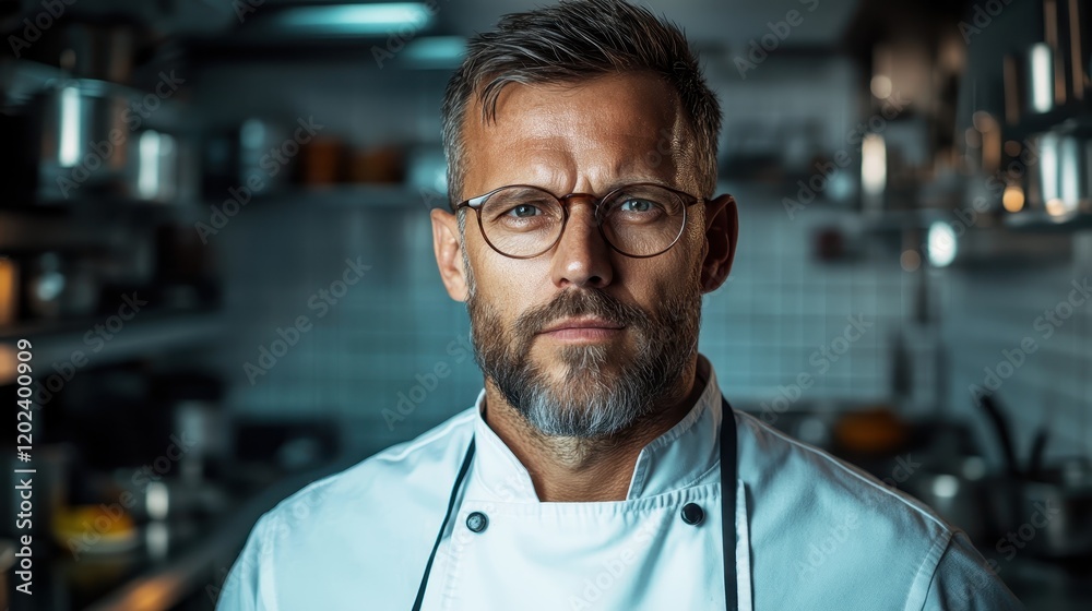 A serious chef, wearing glasses and a white coat, stands confidently in a bustling kitchen, ready to create culinary masterpieces with precision and flair. A serious chef, wearing glasses and a white coat, stands confidently in a bustling kitchen, ready to create culinary masterpieces with precision and flair.