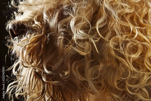 A close-up shot showcasing the intricate curls of a dogs wiry fur, Curly, wiry fur that looks tangled and untamed photo