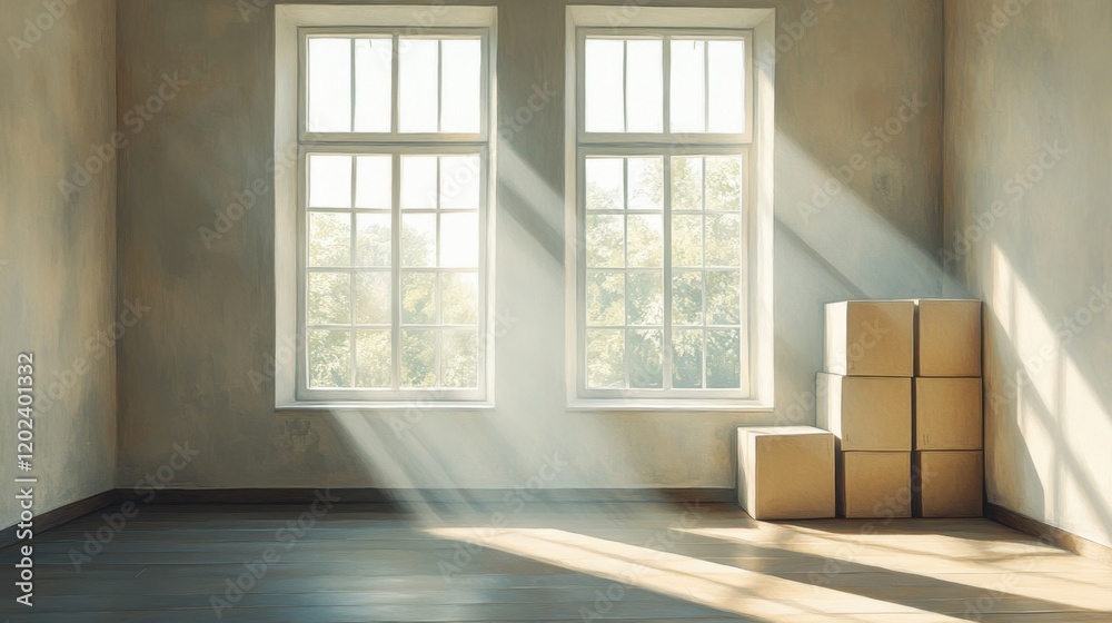 Sunlit minimalist interior with cardboard boxes by large windows Sunlit minimalist interior with cardboard boxes by large windows