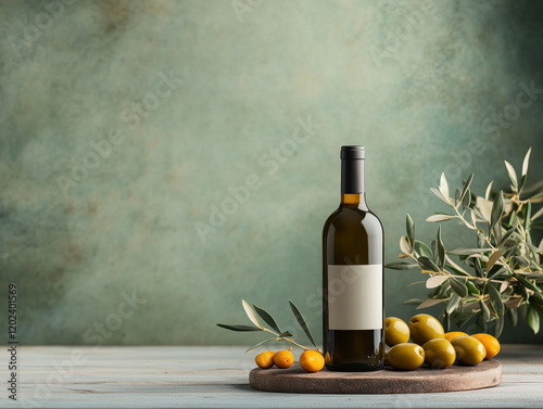 Bottle of Wine with Olives and Rustic Background: Perfect for Mediterranean Cuisine Themes