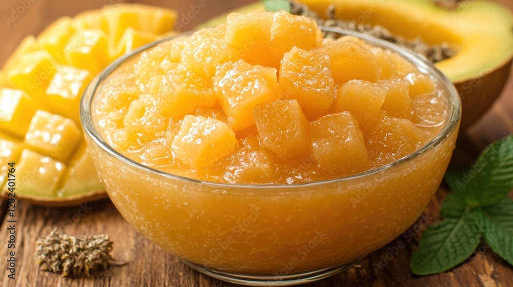Fresh and Delicious Mango Melon Salad in a Glass Bowl Fresh and Delicious Mango Melon Salad in a Glass Bowl