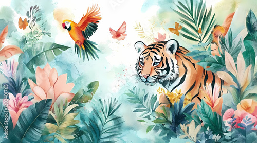 Colorful watercolor painting of a jungle with tigers and parrots, designed for a child's room, in soft pastel hues, capturing the playful spirit of nature. Playful Jungle Creatures. Illustration photo