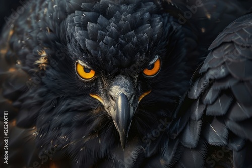 A black eagle stares intensely with piercing yellow eyes, Sharp yellow eyes staring out from its dark feathers