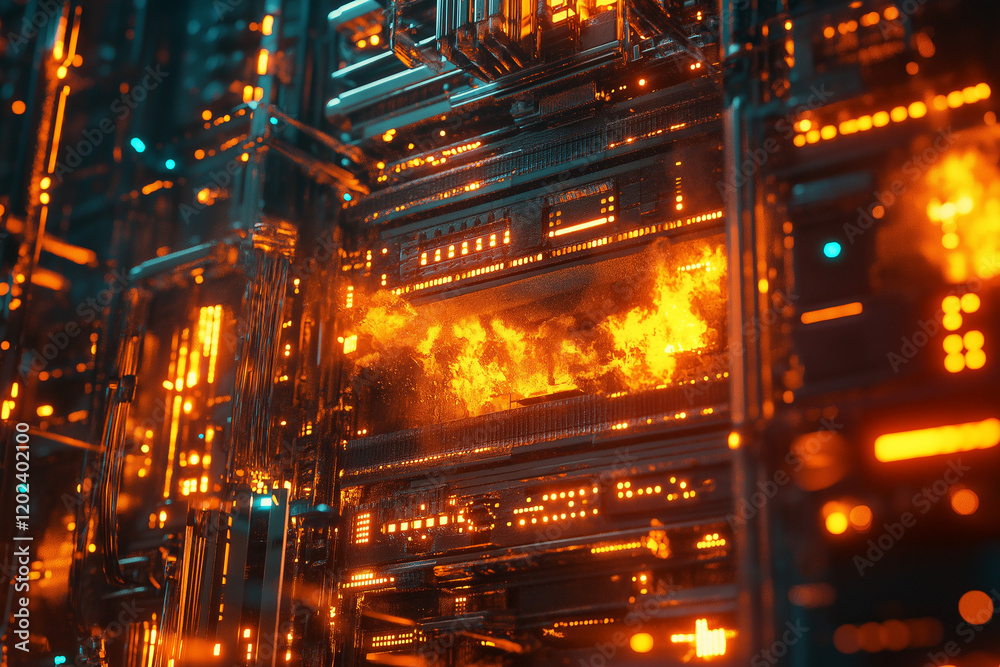 Blazing Inferno: Futuristic Server Rack Fire Disaster Emergency it hot red heat tech smoke alarm Blazing Inferno: Futuristic Server Rack Fire Disaster Emergency it hot red heat tech smoke alarm