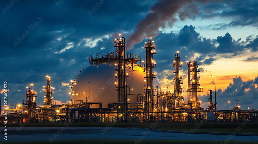 A large oil refinery with a spherical storage tank emits smoke into the sunset sky with glowing industrial lights
A large oil refinery with a spherical storage tank emits smoke into the sunset sky with glowing industrial lights