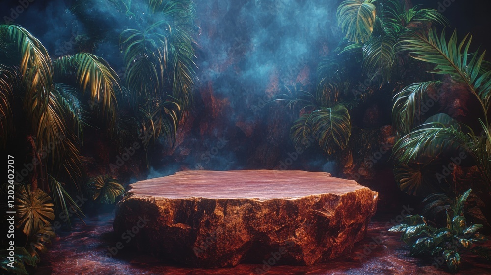 Mystical Jungle Scene with Large Stone Slab Surrounded by Plants Mystical Jungle Scene with Large Stone Slab Surrounded by Plants
