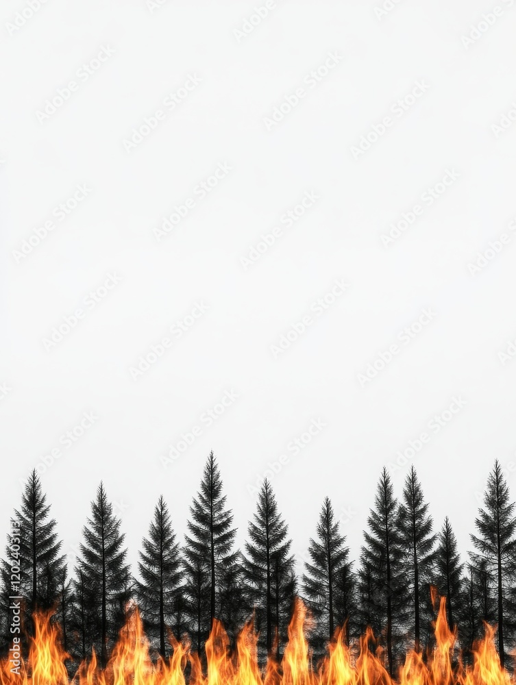 Obraz premium Silhouetted Trees Burning - Silhouetted pine trees stand against a backdrop of raging wildfire, symbolizing environmental destruction, climate change, loss, resilience, and the fight for preservation.