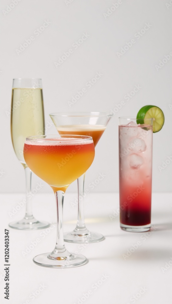 A photorealistic image showcasing an array of drinks cocktails against a crisp white backdrop A photorealistic image showcasing an array of drinks cocktails against a crisp white backdrop