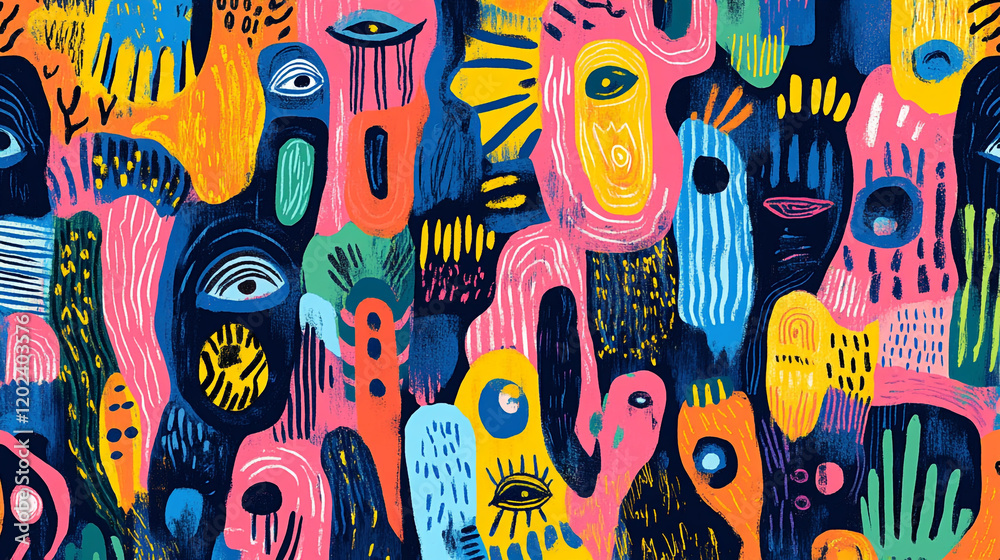 Obraz premium Colorful abstract art depicting faces and shapes in vibrant patterns and hues