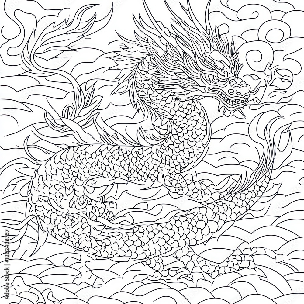 Line drawing of a dragon among clouds, used for coloring book pages or graphic design Line drawing of a dragon among clouds, used for coloring book pages or graphic design