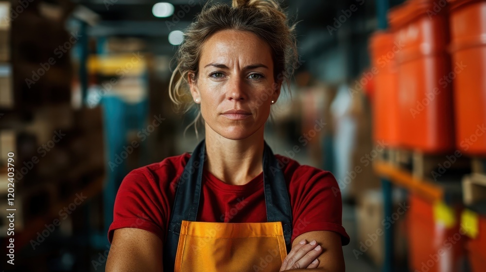 A confident woman with crossed arms in a storage space reflects strength and professionalism, ready to take on challenges in her work environment, embodying resilience. A confident woman with crossed arms in a storage space reflects strength and professionalism, ready to take on challenges in her work environment, embodying resilience.