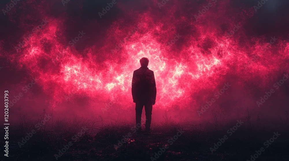 Fototapeta premium A man stands in a field of red smoke