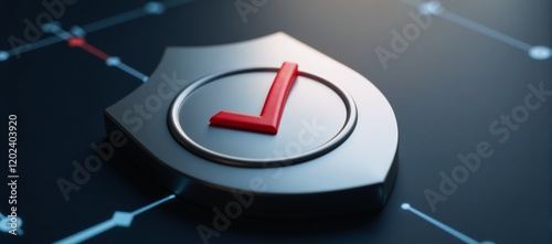 A digital shield centered around a checkmark to represent trustworthy cybersecurity and secure data protection