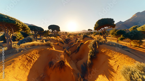 Sunset over arid landscape with deep ravines and scattered trees. photo