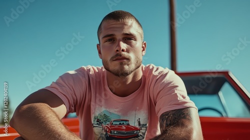 A ruggedly handsome man poses confidently in front of a vintage car against a bright, open sky, radiating charisma and a laid-back attitude. photo