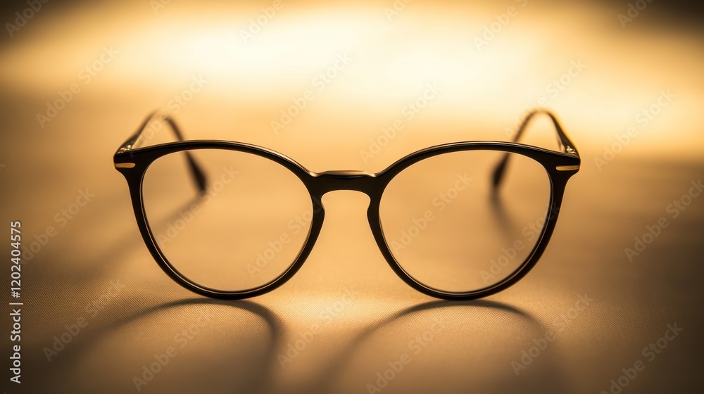 Close-up of round eyeglasses on a light brown surface. Close-up of round eyeglasses on a light brown surface.