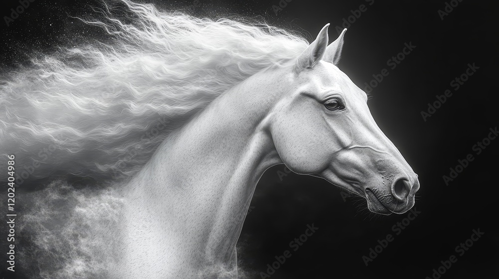 Obraz premium A horse with a white mane and a black and white background
