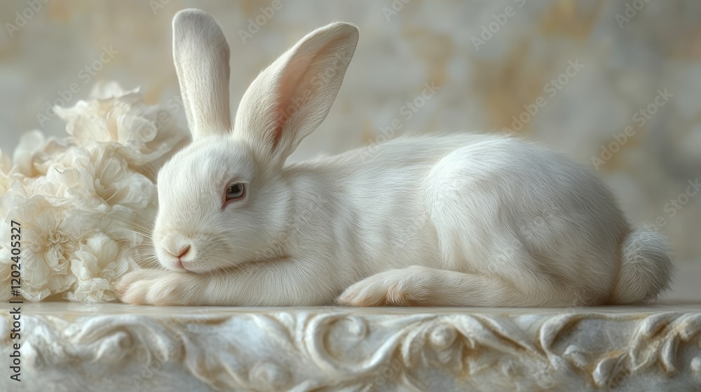 A white rabbit is laying on a table with flowers A white rabbit is laying on a table with flowers
