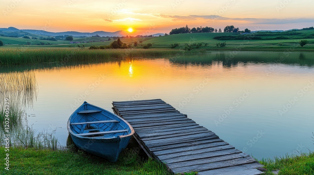 Serene Sunset Over Tranquil Lake With Boat and Dock at Dusk Serene Sunset Over Tranquil Lake With Boat and Dock at Dusk