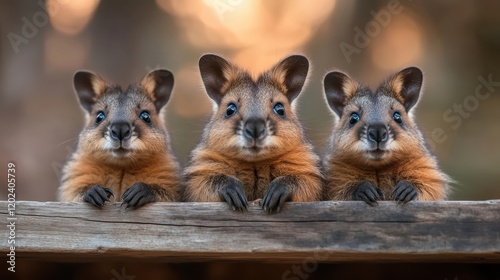 Three adorable wallabies curiously peering over a wooden log, showcasing their distinct features and playful nature against a beautiful and serene backdrop of nature.