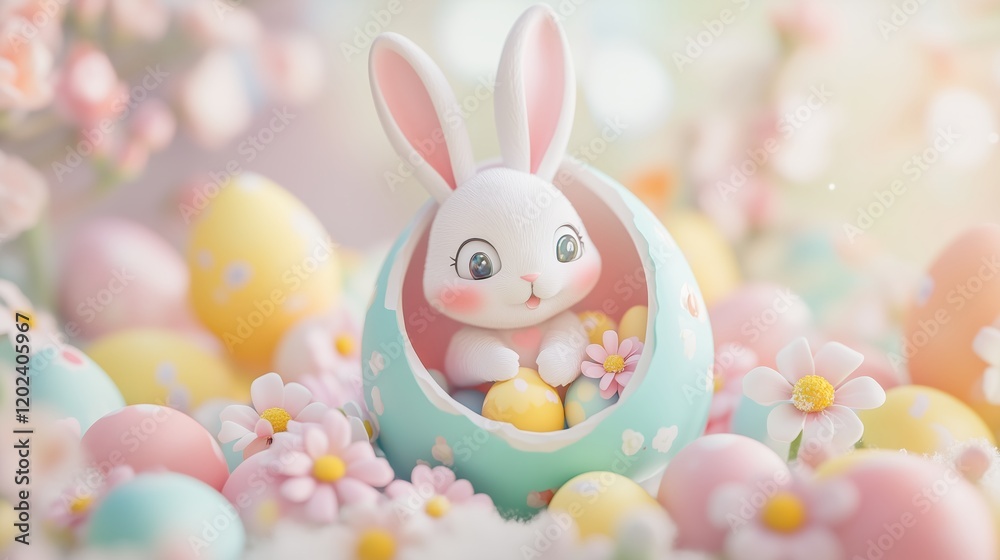Obraz premium A cute Easter bunny inside an open, colorful egg with flowers and eggs around it.