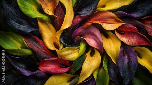 Colorful Calla Lily petals swirl; vibrant floral arrangement; dark background; for design, print, or website