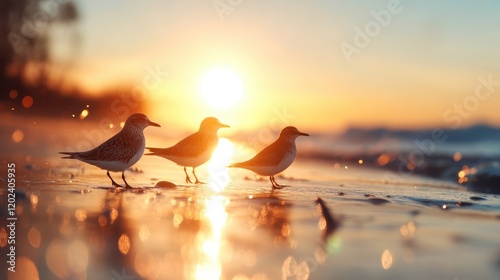 Three birds explore the shoreline during a mesmerizing sunset, their joyous presence against the warm light highlighting the beauty of nature and serenity.