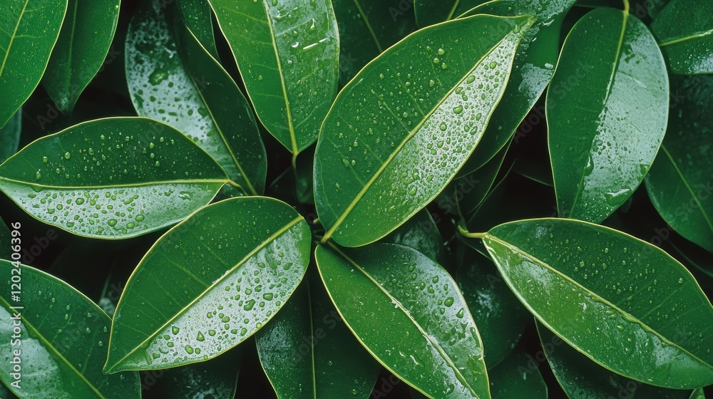 Fresh Green Leaves with Water Droplets on a Dark Background Fresh Green Leaves with Water Droplets on a Dark Background