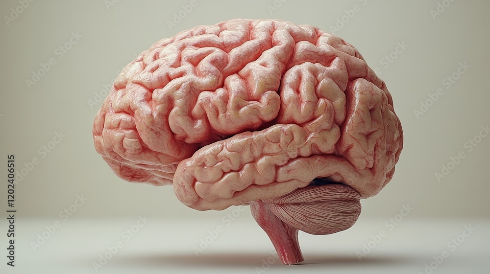 A brain is shown in a close up, with a pinkish hue A brain is shown in a close up, with a pinkish hue