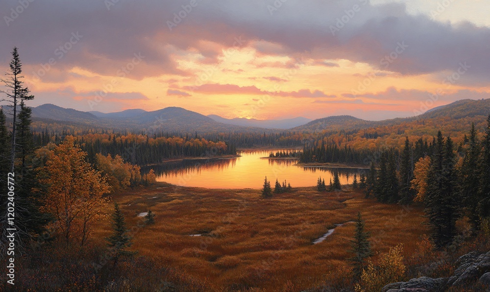 Autumn sunset over mountain lake, fall foliage Autumn sunset over mountain lake, fall foliage