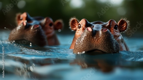 Two hippos gracefully swimming in clear waters, showcasing their playful nature and harmony with their environment under the warm sun.