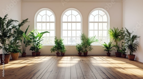 Pièce spacieuse vide avec mur blanc, plancher en bois, plantes vertes avec des fenêtres cintrées laissant pénétrer la lumière du soleil.