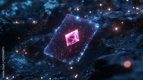 A playing card, featuring an abstract glowing diamond symbol and a cosmic background.