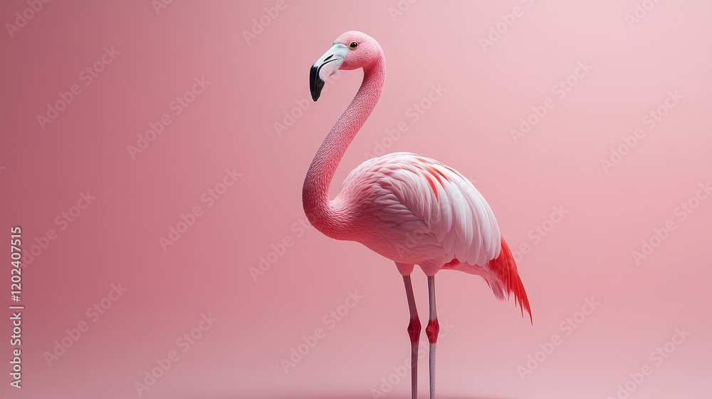 Fototapeta premium A pink flamingo stands on a pink background