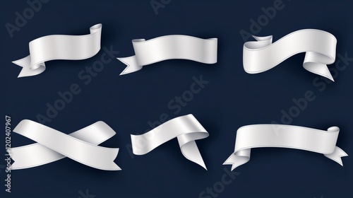 Set of snow-white satin ribbon on a solid dark blue background.